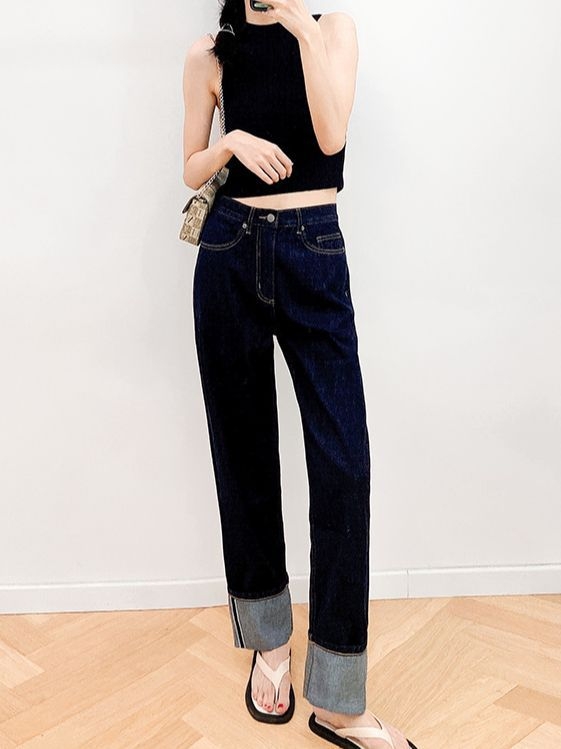 женски дънки от деним с прав крак, висока талия, памук 90-95%, измит деним