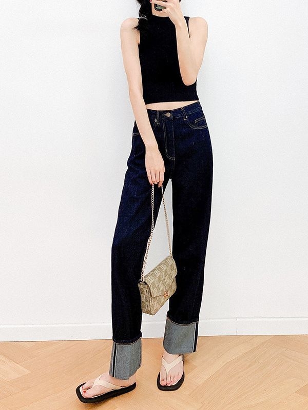 женски дънки от деним с прав крак, висока талия, памук 90-95%, измит деним