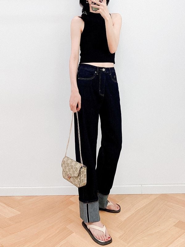 женски дънки от деним с прав крак, висока талия, памук 90-95%, измит деним