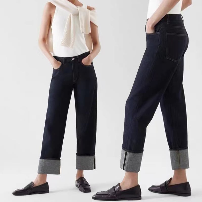 женски дънки от деним с прав крак, висока талия, памук 90-95%, измит деним