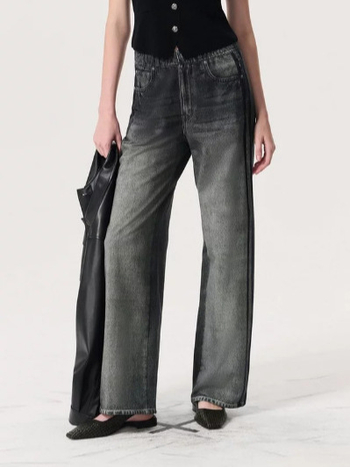 Дънки с имитационен деним, висока талия, прав крачол, полиестер 80–90% със спандекс, бродерия