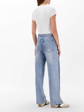 Дънки с имитационен деним, висока талия, прав крачол, полиестер 80–90% със спандекс, бродерия