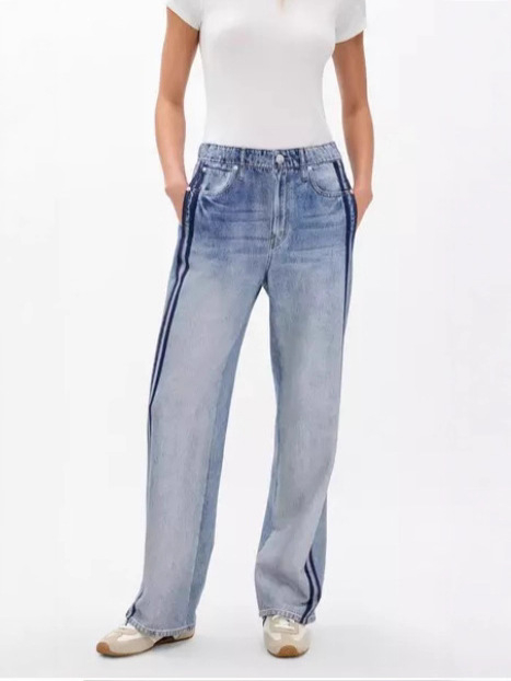 Дънки с имитационен деним, висока талия, прав крачол, полиестер 80–90% със спандекс, бродерия