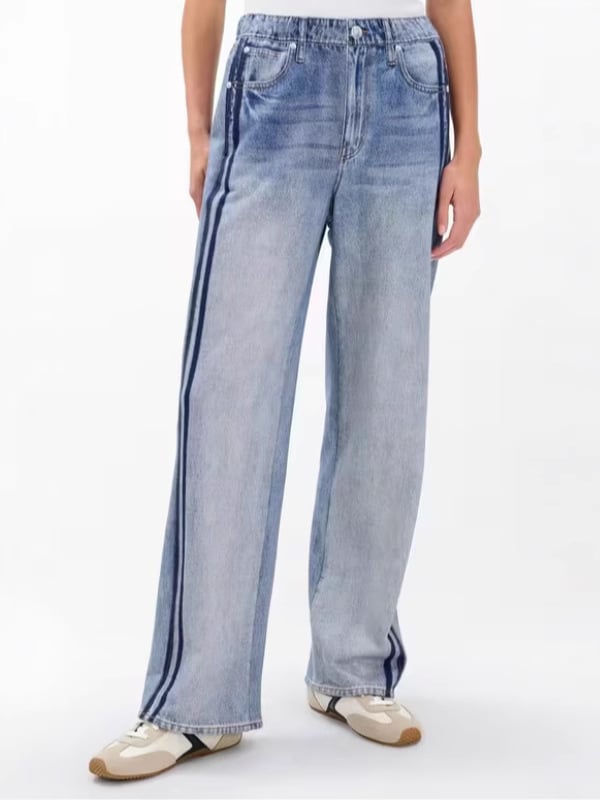 Дънки с имитационен деним, висока талия, прав крачол, полиестер 80–90% със спандекс, бродерия