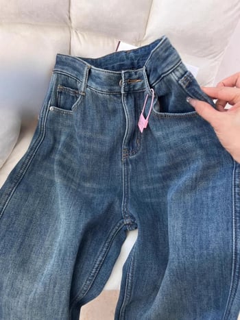 Дънки за жени – висока талия, дебел деним памук, дънки с широк крак, дълги