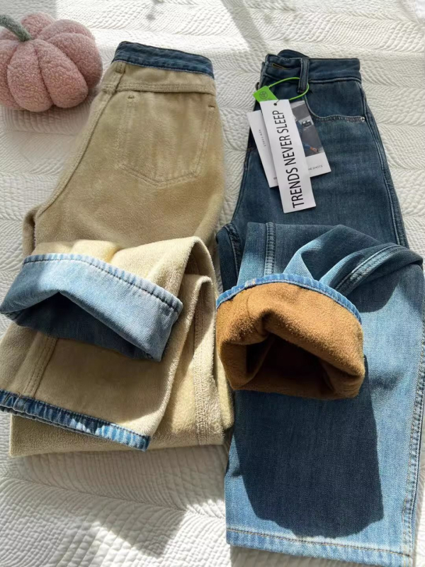 Дънки за жени – висока талия, дебел деним памук, дънки с широк крак, дълги