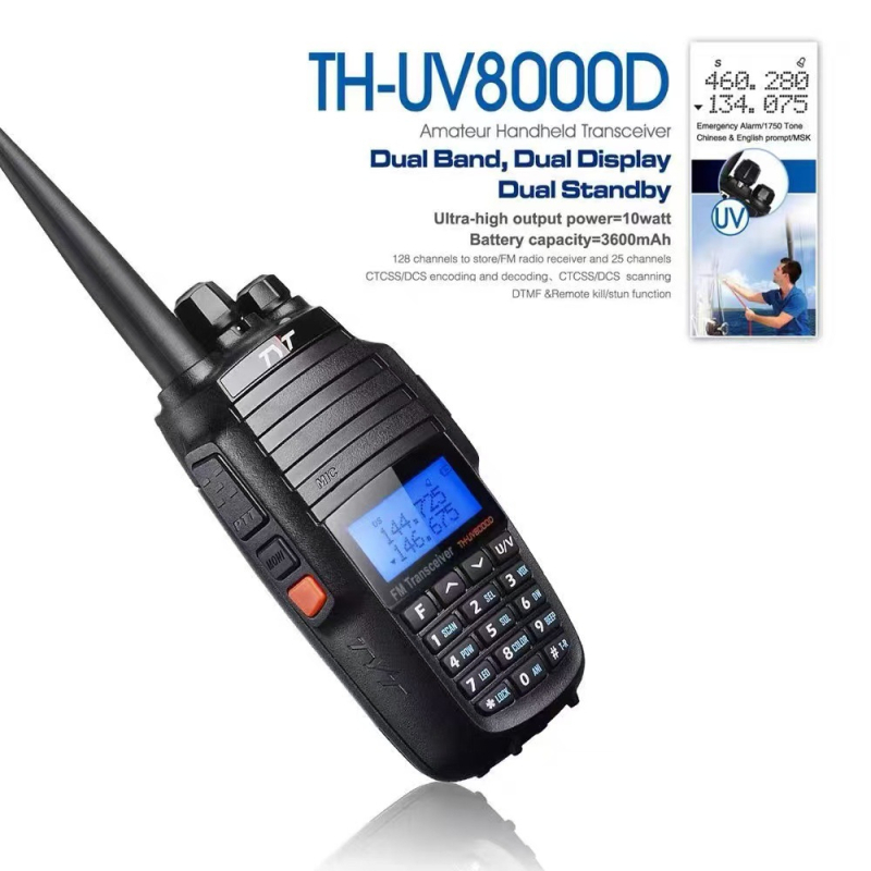 Tetong TH-UV8000D radio portabil: putere 10W, afișaj dual, 400–520 MHz, 256 canale, baterie LiPo 2600 mAh