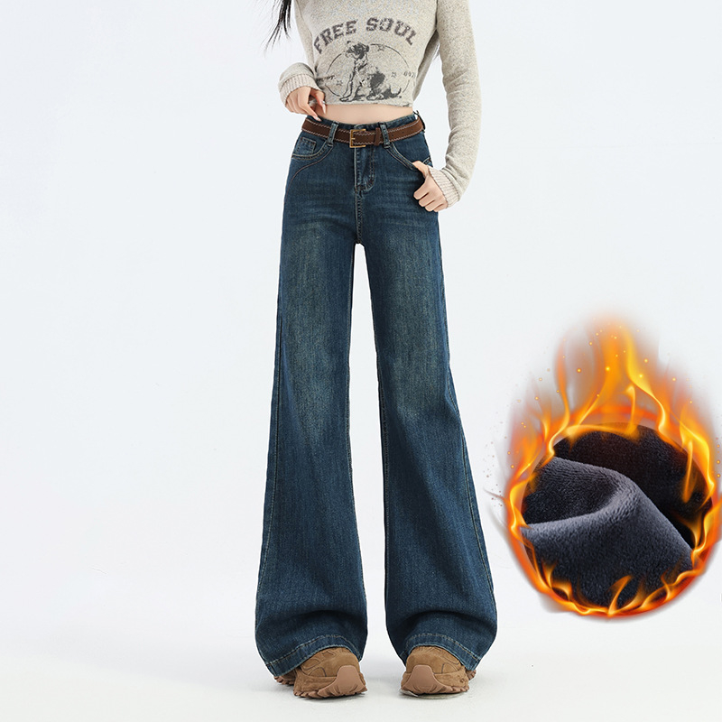 Ženske traperice od pamuka z elastanom, kroj s rozširujućim nogama, visokim strukom, podstavljena fleece, duljina do poda