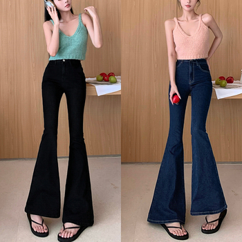 Дънки с висока талия, микроразкроени крачоли, деним, 70–80% памук, японско-кореански свободен стил