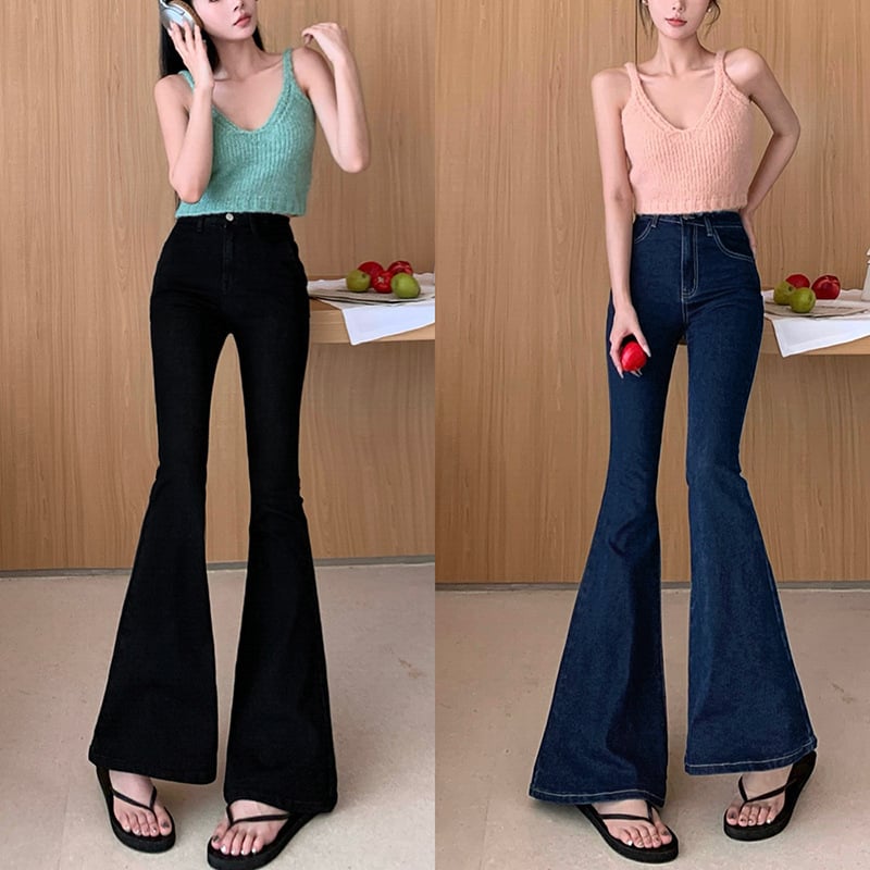 Дънки с висока талия, микроразкроени крачоли, деним, 70–80% памук, японско-кореански свободен стил