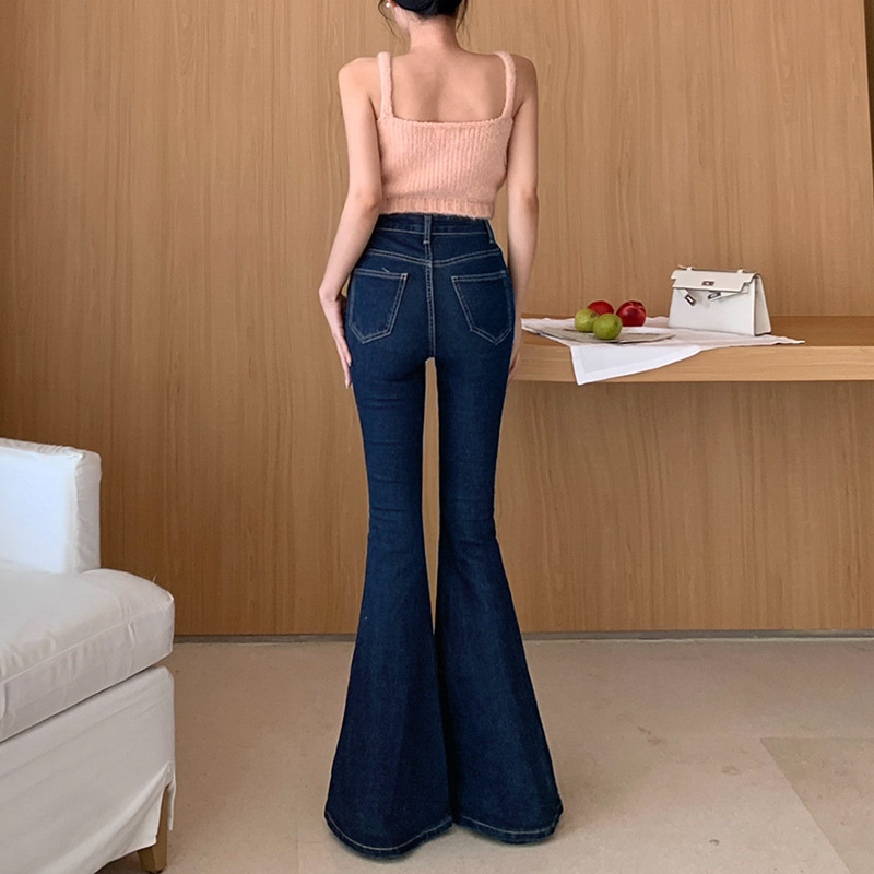 Дънки с висока талия, микроразкроени крачоли, деним, 70–80% памук, японско-кореански свободен стил