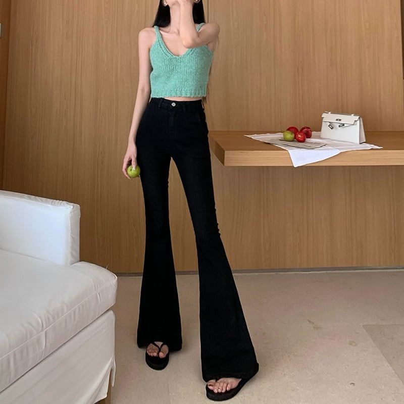 Дънки с висока талия, микроразкроени крачоли, деним, 70–80% памук, японско-кореански свободен стил