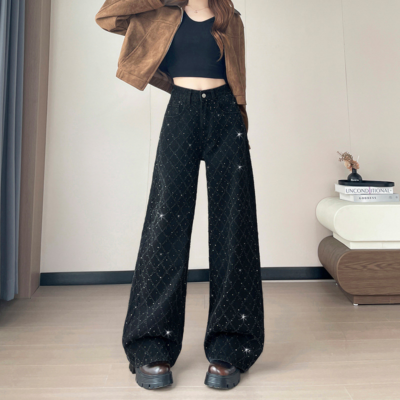 Jeans din denim, talie înaltă, cu cristale termice, croială largă, 50–70% bumbac