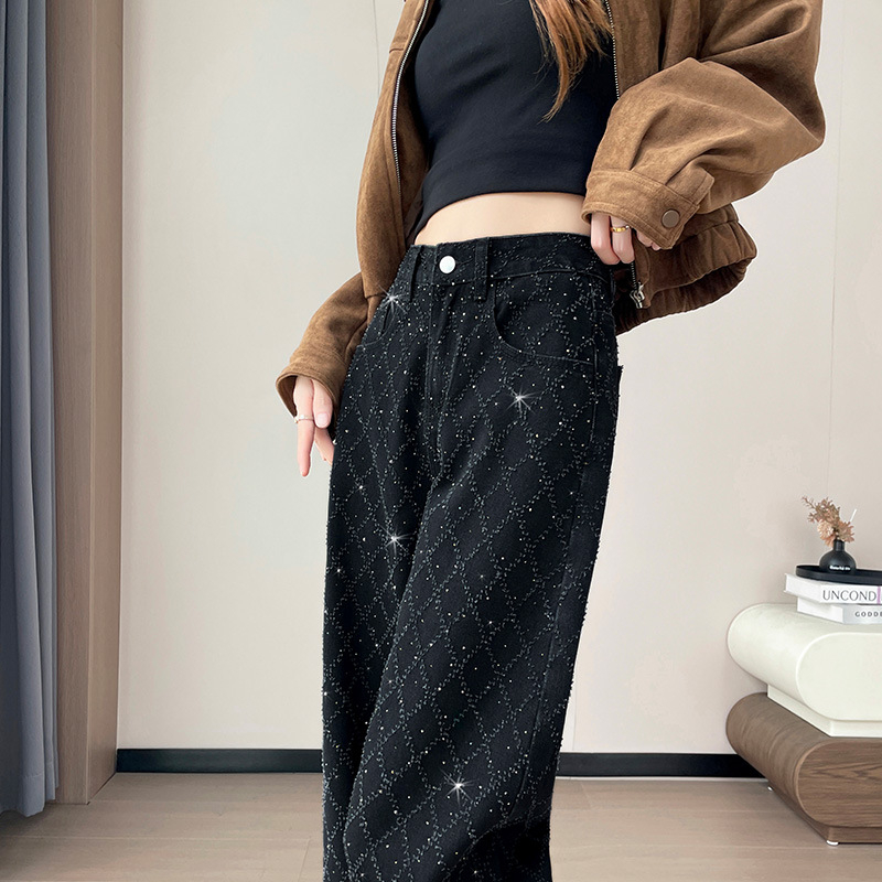 Jeans din denim, talie înaltă, cu cristale termice, croială largă, 50–70% bumbac