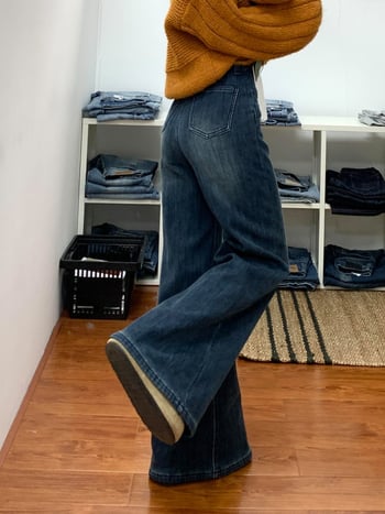 Дънкови дамски широки панталони с висока талия, подплатени