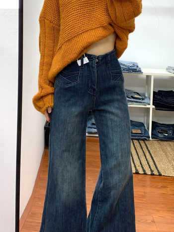 Дънкови дамски широки панталони с висока талия, подплатени