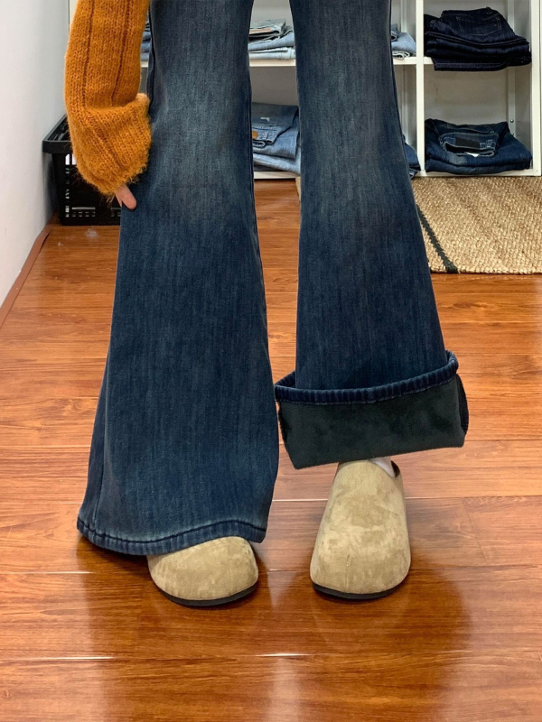 Дънкови дамски широки панталони с висока талия, подплатени