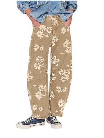 Virágmintás farmernadrág, lazán széles szárú, 9/10 hossz, középmagas derék, denim pamut-poliészter