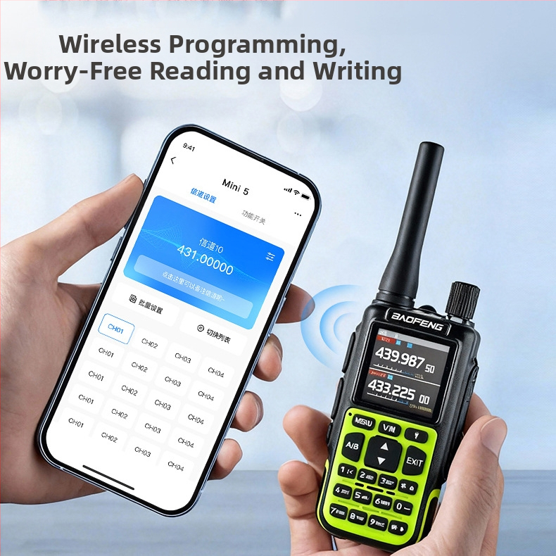 Baofeng Mini-5i kézibeszélő — egy kattintásos frekvenciabeállítás, Bluetooth frekvenciaszerzés, 5W kimenet, 999 csatorna, 1,44 hüvelykes kijelző