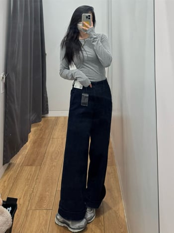 URAZ дънки деним с висока талия и широки крачоли, еластан за комфорт, зима 2024