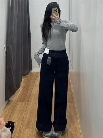 URAZ дънки деним с висока талия и широки крачоли, еластан за комфорт, зима 2024