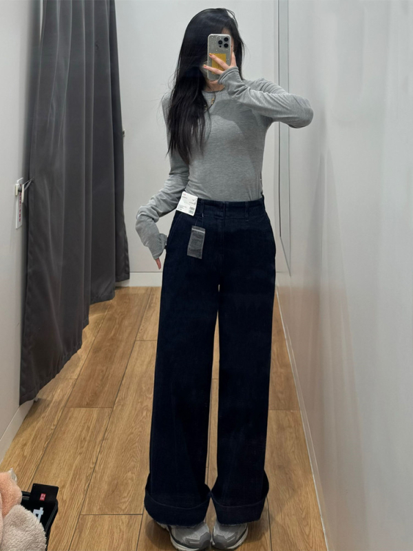 URAZ дънки деним с висока талия и широки крачоли, еластан за комфорт, зима 2024