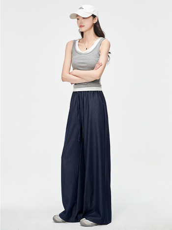 Дънки: широки крачоли, права кройка, еластична талия, смес Тенсел (Lyocell) и полиестер, измиване, микроеластичност