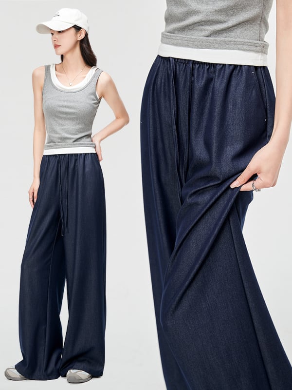 Дънки: широки крачоли, права кройка, еластична талия, смес Тенсел (Lyocell) и полиестер, измиване, микроеластичност