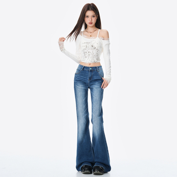 Дънки дамски с микро разкроен силует, ниска талия, слим фит, деним, измити