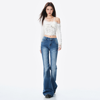 Дънки дамски с микро разкроен силует, ниска талия, слим фит, деним, измити