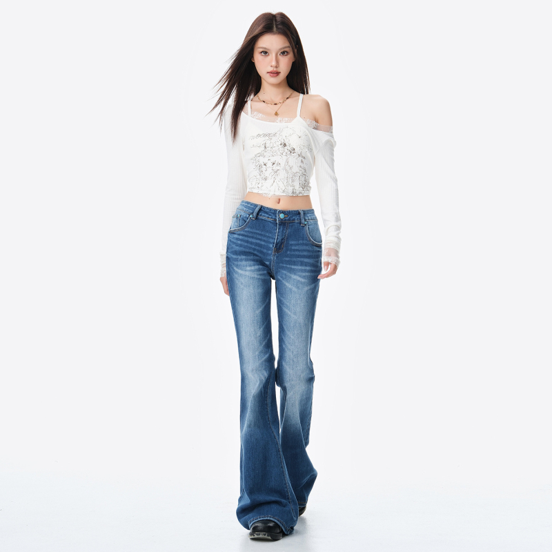 Дънки дамски с микро разкроен силует, ниска талия, слим фит, деним, измити