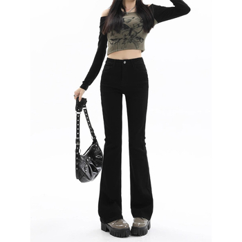 Дънки с висока талия, леко разширяващи се крачоли, деним, микроеластични, зимен модел 2024