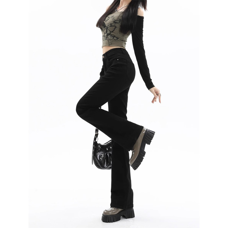 Дънки с висока талия, леко разширяващи се крачоли, деним, микроеластични, зимен модел 2024