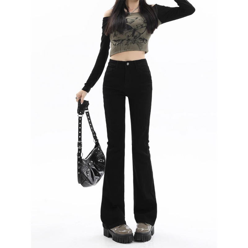 Дънки с висока талия, леко разширяващи се крачоли, деним, микроеластични, зимен модел 2024