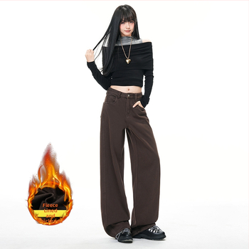 Дънки деним с висока талия и широк крак, дебел велурен слой, зима 2025