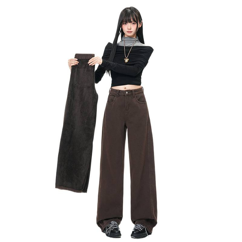 Дънки деним с висока талия и широк крак, дебел велурен слой, зима 2025