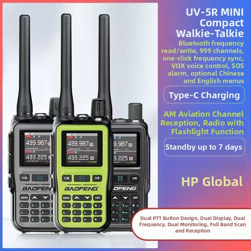 Baofeng UV-5R MINI kézibeszélő, több sávos, Type-C, 5W kimenet, 999 csatorna, elméleti hatótávolság 3–5 km, Li-Po 2200mAh akkumulátor, kijelzővel, egygombos frekvencia