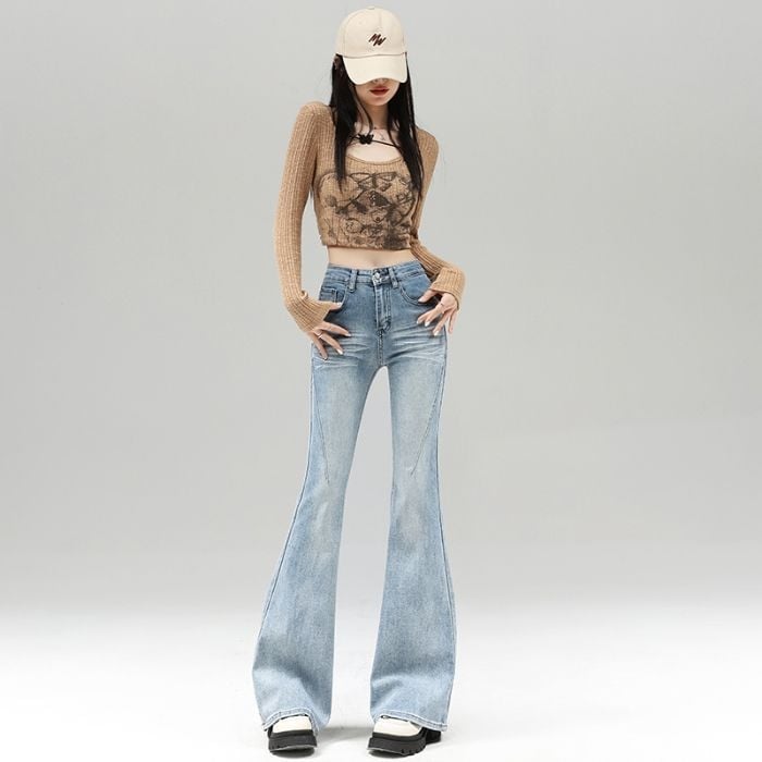 Дънки от деним с висока талия, широки крачоли, дизайн със колаж/сплайс, памук 50–70%, пролет 2025
