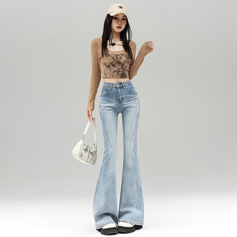 Дънки от деним с висока талия, широки крачоли, дизайн със колаж/сплайс, памук 50–70%, пролет 2025