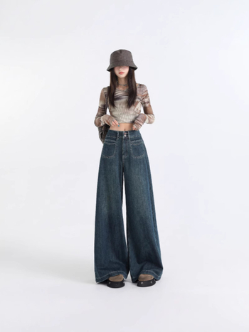 Дънки - висока талия, широки крачоли, ретро стил; деним с 80-90% памук