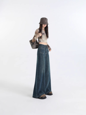 Дънки - висока талия, широки крачоли, ретро стил; деним с 80-90% памук