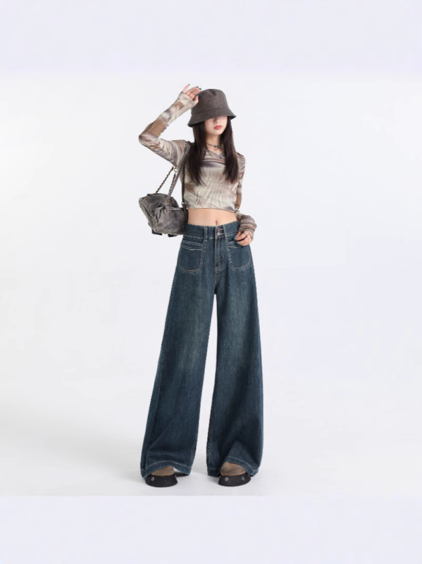 Дънки - висока талия, широки крачоли, ретро стил; деним с 80-90% памук