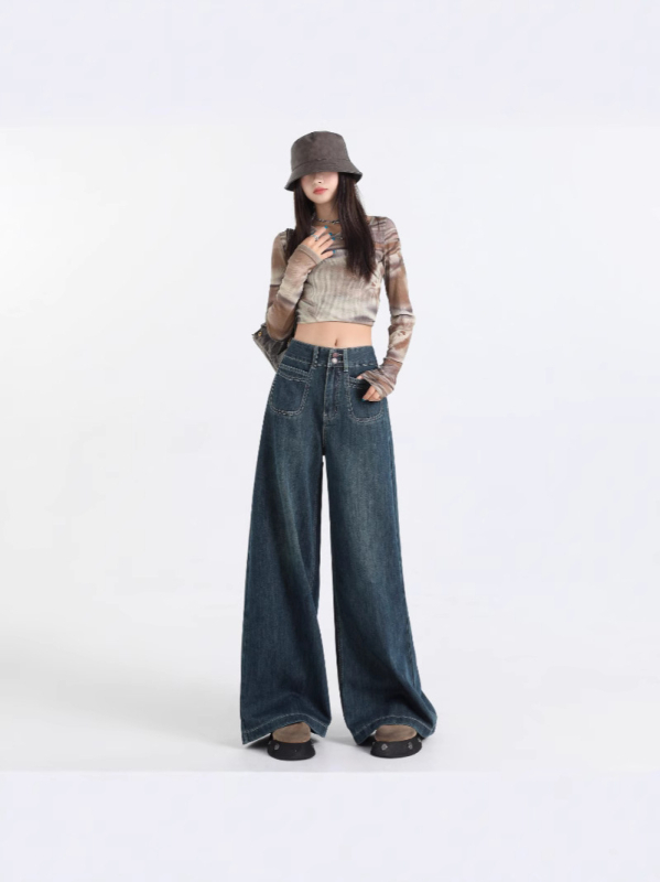 Дънки - висока талия, широки крачоли, ретро стил; деним с 80-90% памук