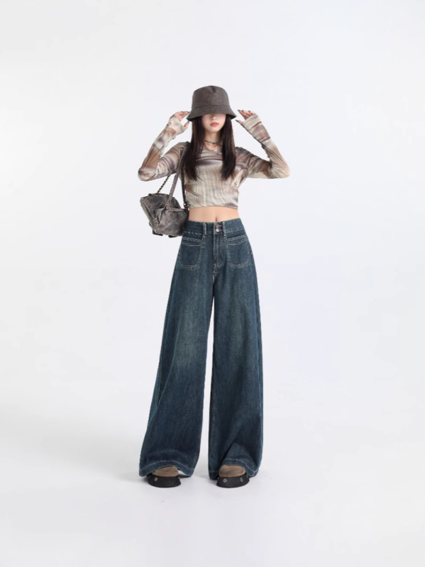 Дънки - висока талия, широки крачоли, ретро стил; деним с 80-90% памук