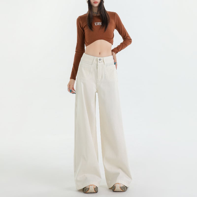 Дънки - висока талия, широки крачоли, ретро стил; деним с 80-90% памук