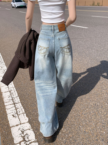 Дънки с широки крачоли, висока талия, японско/корейско ежедневие, деним с памучен примес (≤30%), есен 2025 издание