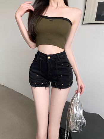 Дамски памучни дънкови къси панталони - висока талия, заклепки, широки крачоли, пясъкована обработка, 3/4 дължина, лято 2025