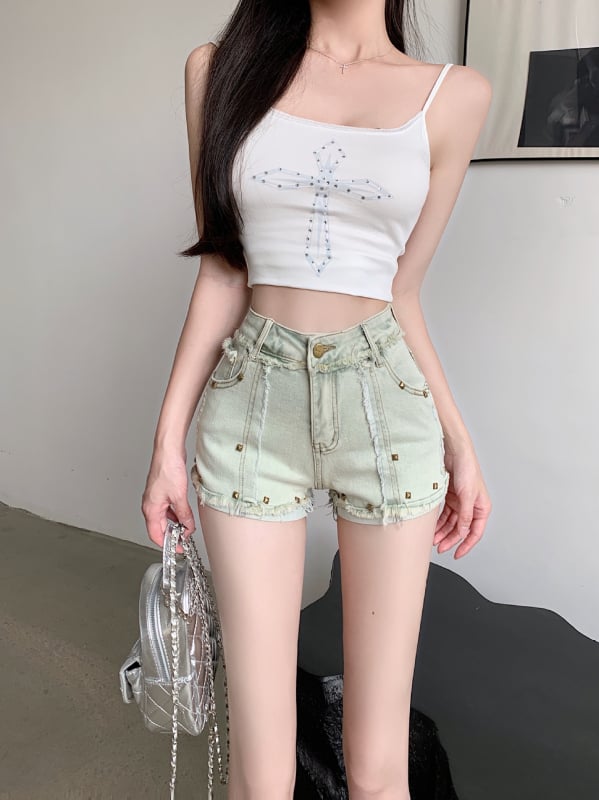 Дамски памучни дънкови къси панталони - висока талия, заклепки, широки крачоли, пясъкована обработка, 3/4 дължина, лято 2025