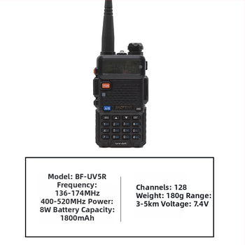 Baofeng BF-UV5R Ručný dvojcestný vysielač | 8W výstupný výkon | 136–174/400–520 MHz | 128 kanálov | dosah 5–10 km | batéria 1800 mAh