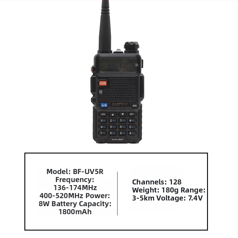 Baofeng BF-UV5R Ručný dvojcestný vysielač | 8W výstupný výkon | 136–174/400–520 MHz | 128 kanálov | dosah 5–10 km | batéria 1800 mAh